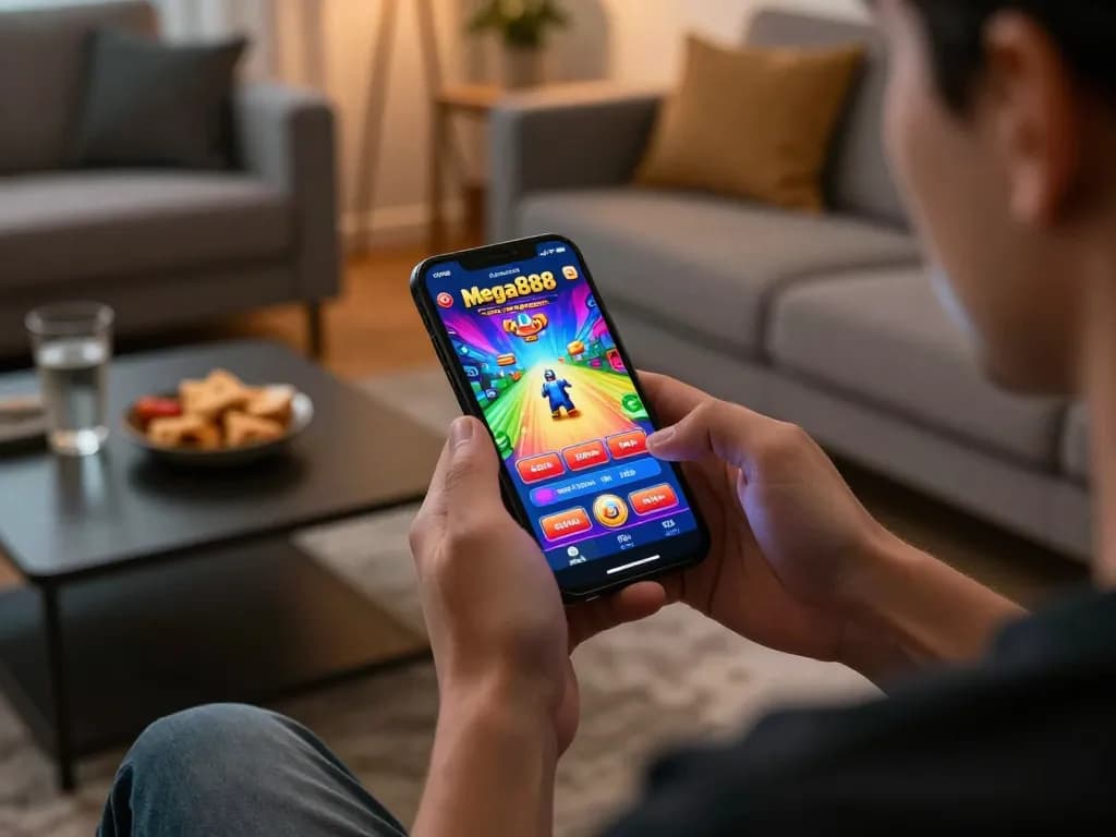 Menikmati pautan muat turun Mega888 pada telefon pintar di dalam suasana rumah yang selesa.