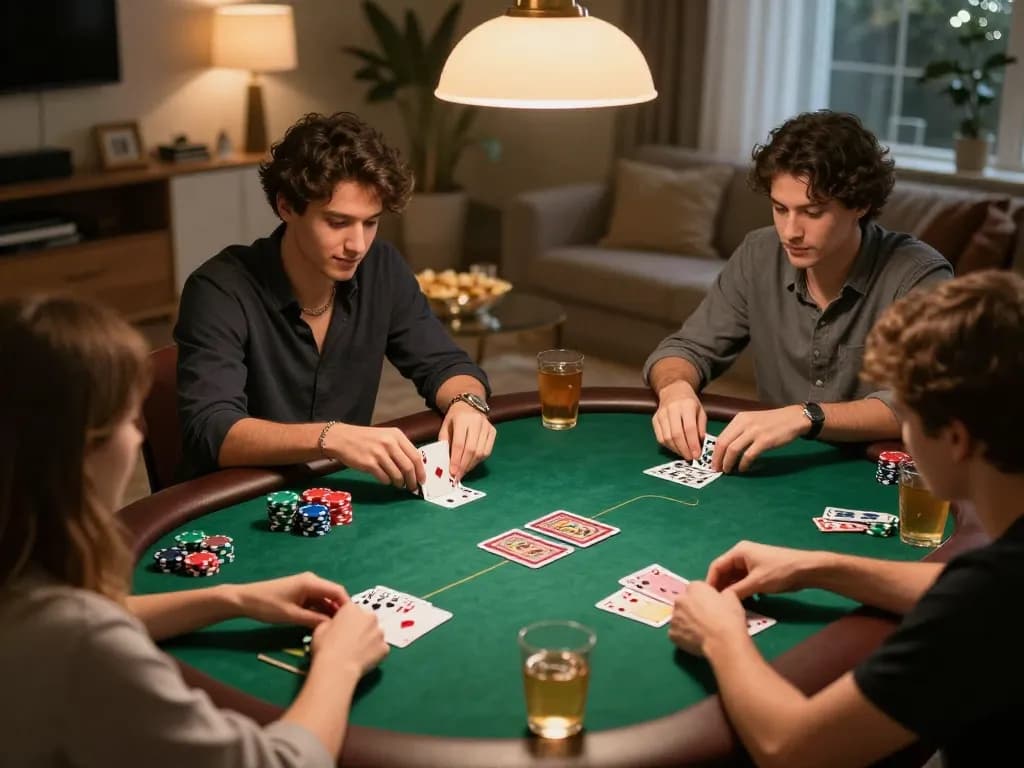 Friends enjoying a poker game night at home with TG88 poker chips and cards visible.
