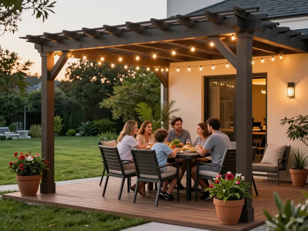 Pergola configurator software design featured in a cozy outdoor dining setup.