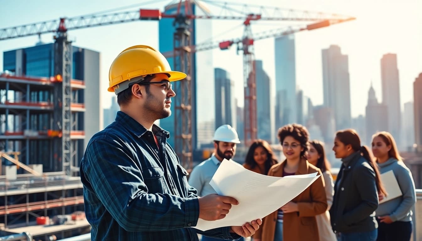 Engaged New York City General Contractor analyzing plans at a construction site with a skyline backdrop.