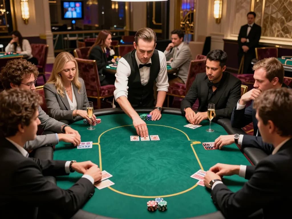 F168 poker players strategically placing bets at a high-stakes game in a luxurious casino.