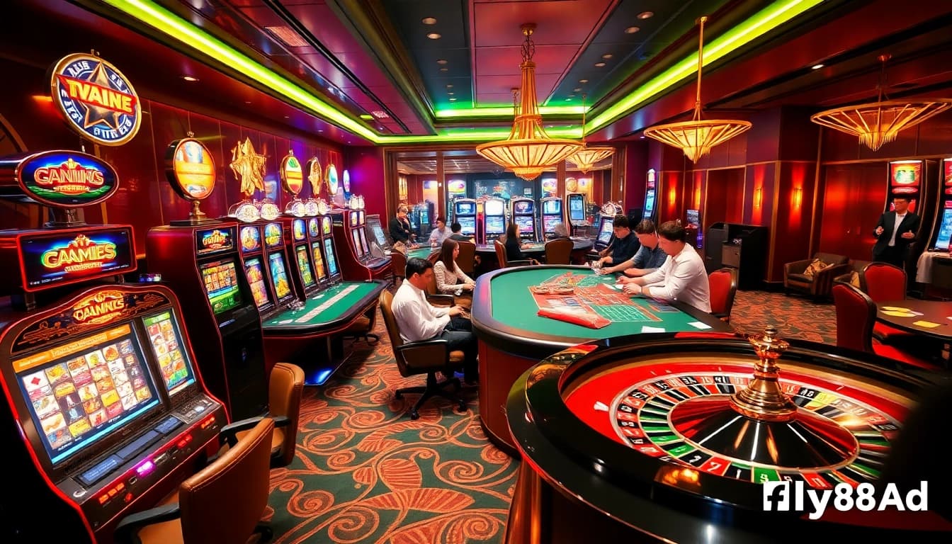 Exciting gameplay at fly88.ad, featuring vibrant slot machines and poker tables in a luxurious casino.