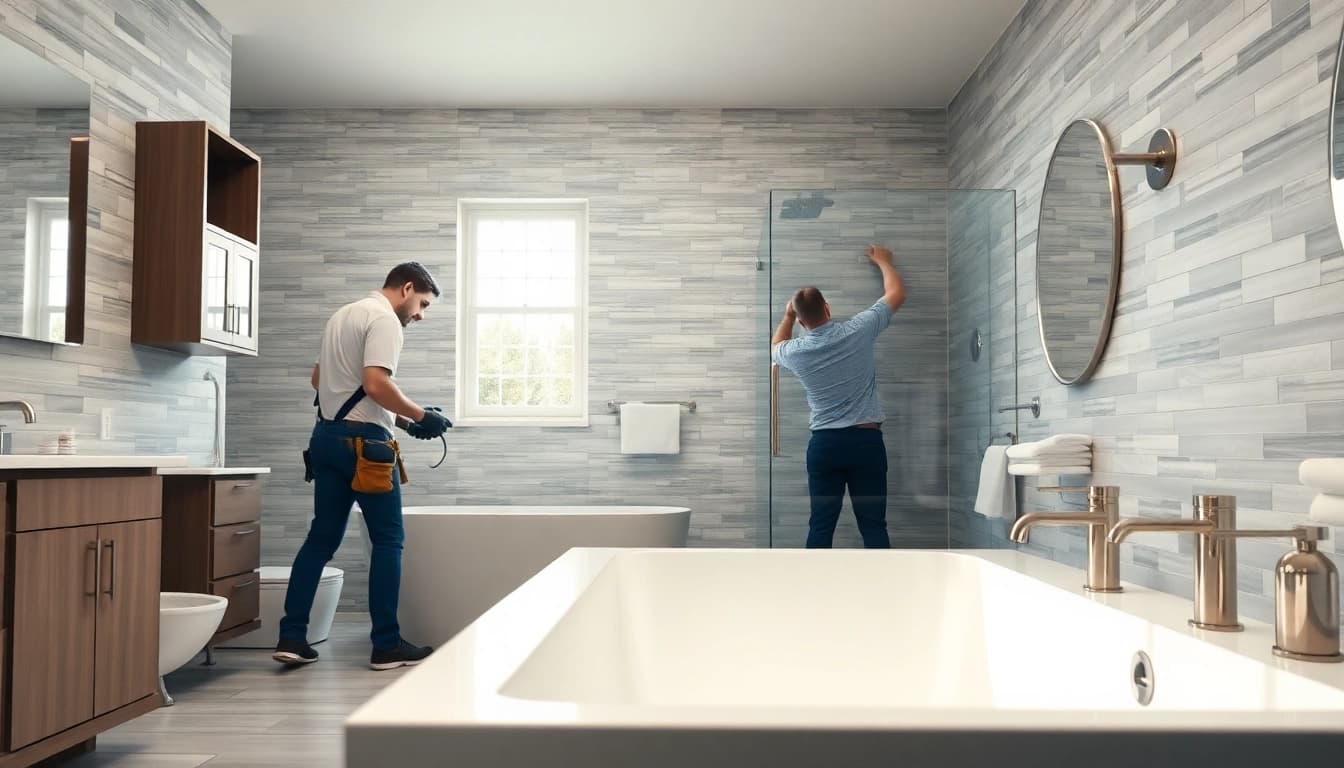 Bathroom renovation contractors near me working expertly in a modern bathroom.