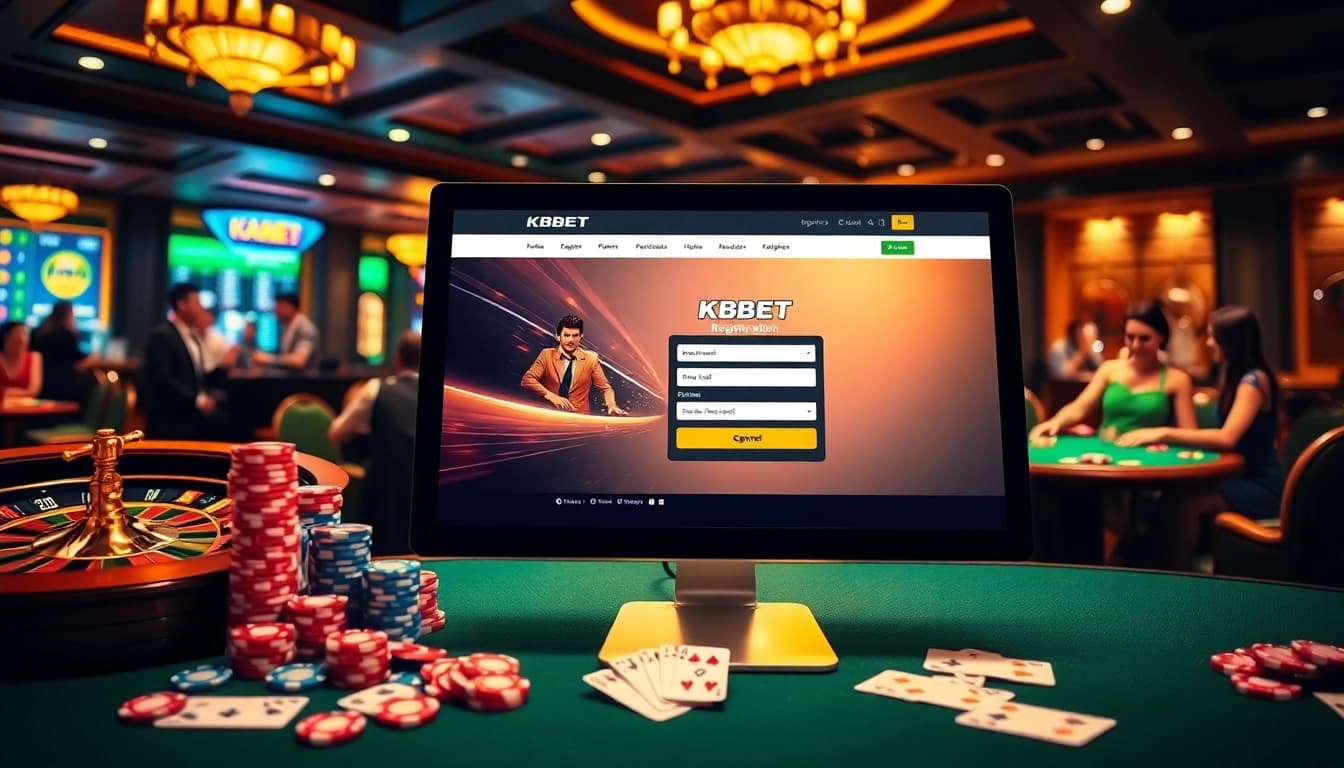 Sign up for KBBET as vibrant casino gaming unfolds around colorful chips and cards.