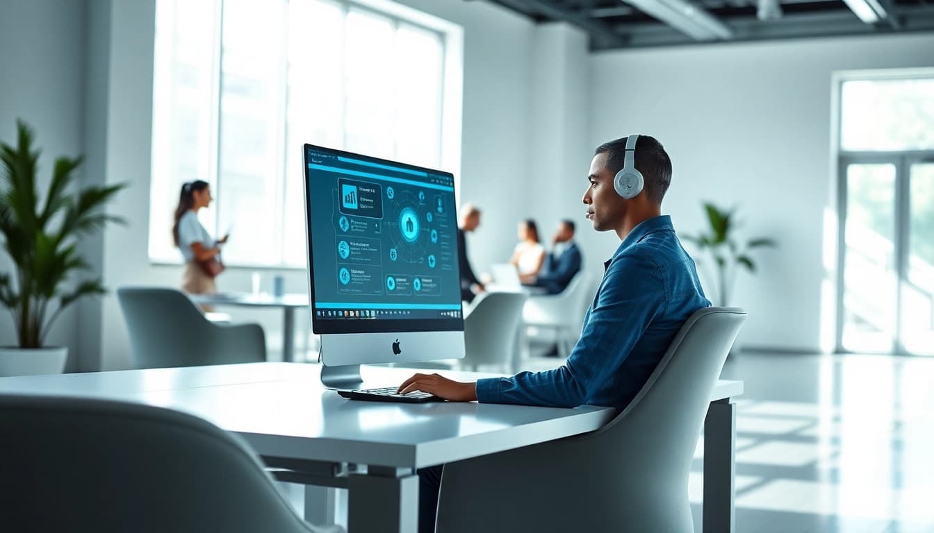 Engage with ai assistant for enterprise teams depicted in a modern office setting, enhancing productivity.