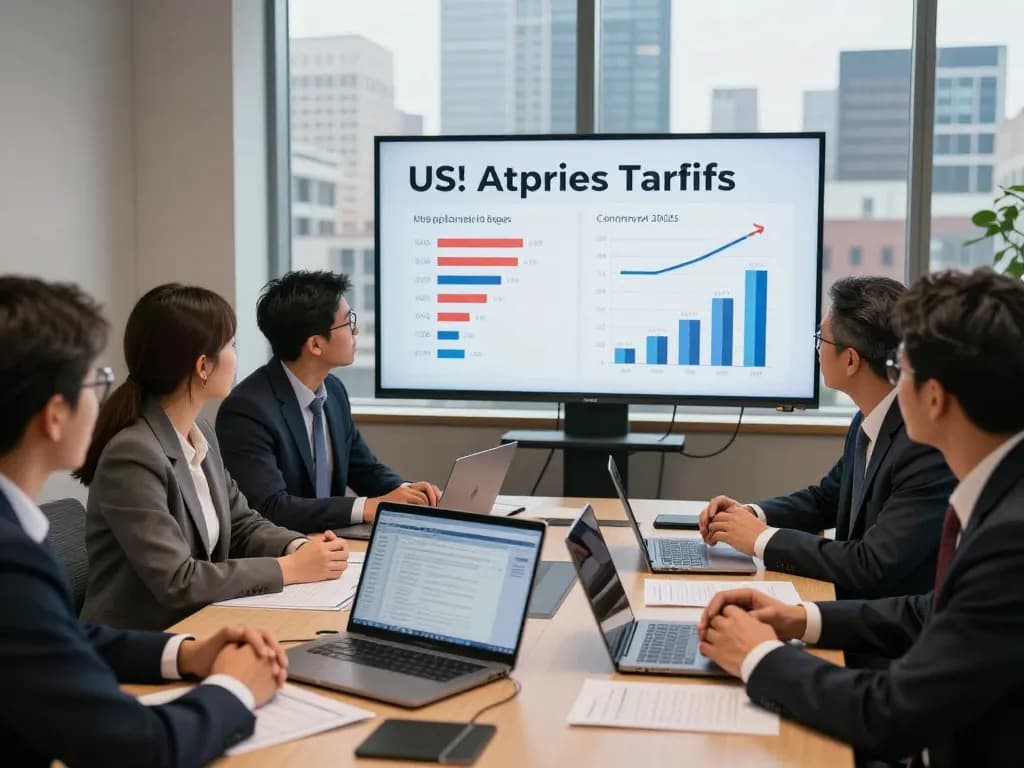 Business professionals discussing new US tariffs strategies with charts in a modern office.