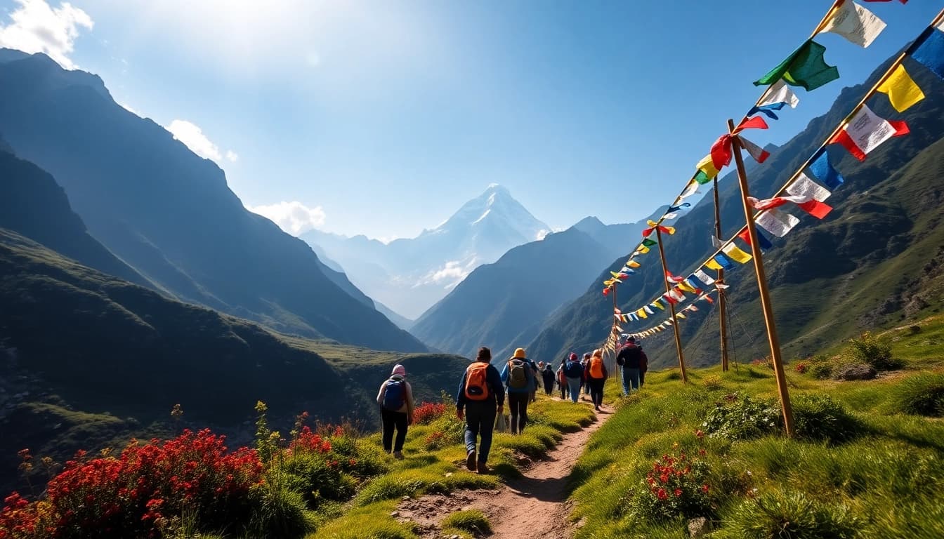 Manaslu Circuit trekking scene with breathtaking mountains, diverse trekkers, and Tibetan prayer flags.
