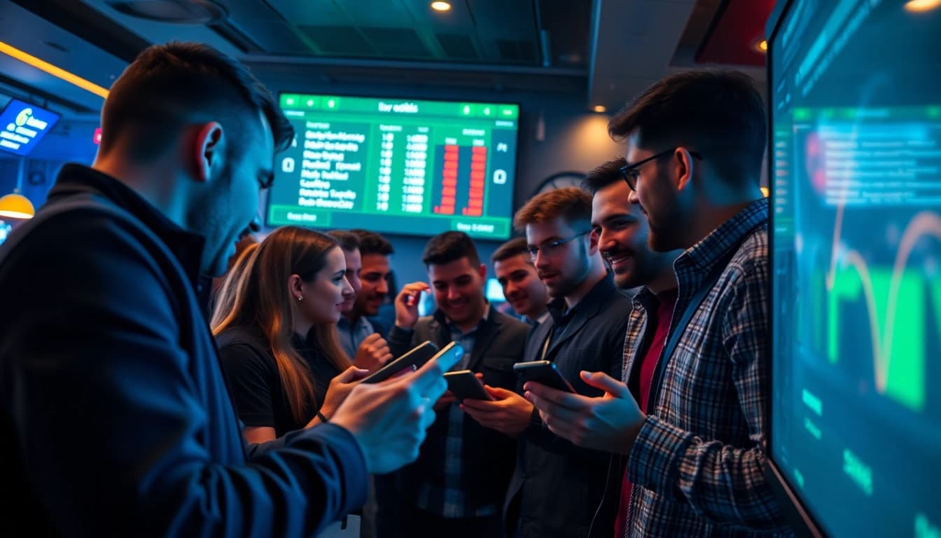 79king enthusiasts diving into live betting odds in a vibrant lounge atmosphere.