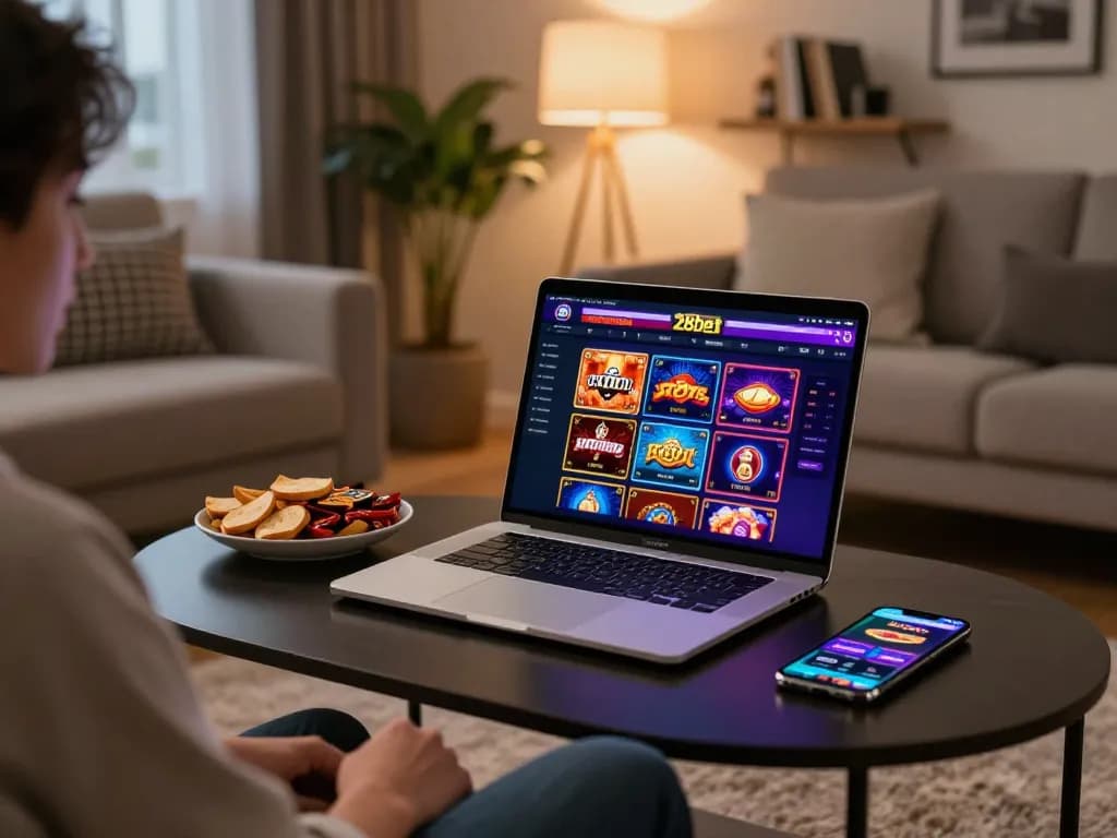 Engaging online gambling scene with 28bet interface on laptop, showcasing a cozy and responsible home gaming atmosphere