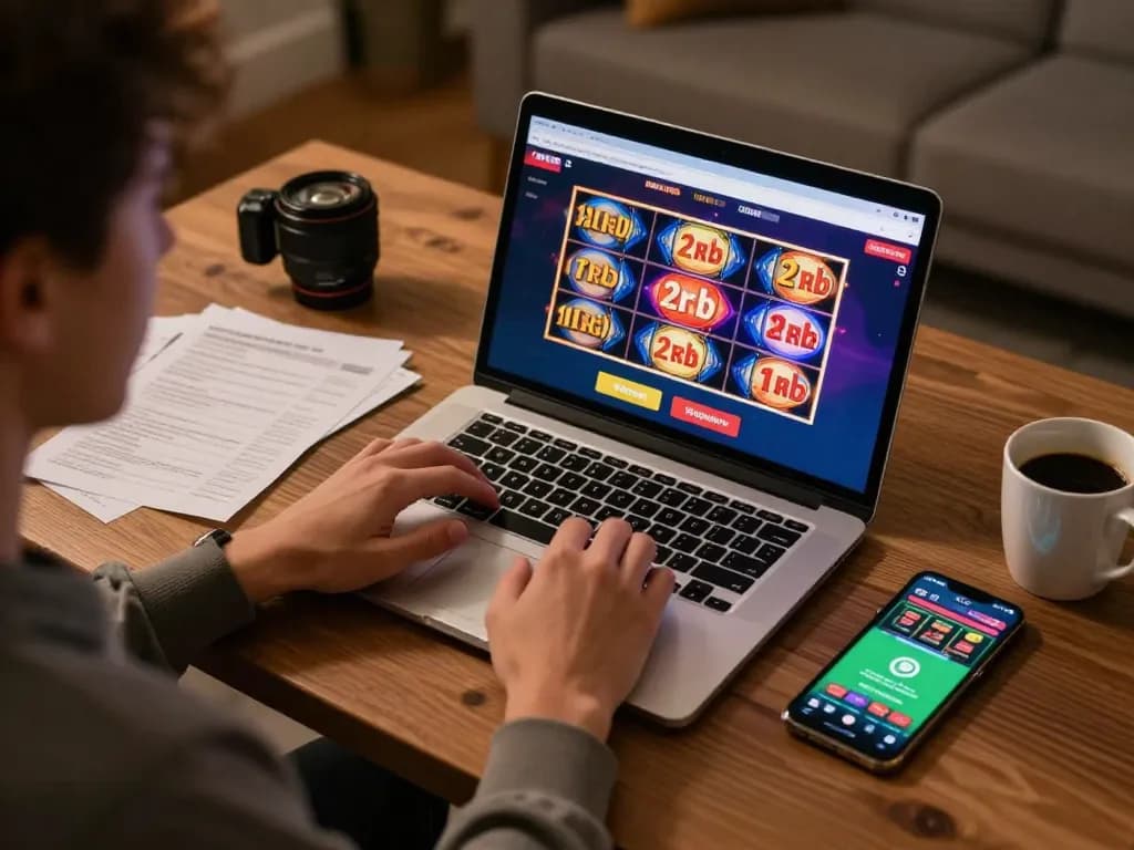 Engaging with online slot deposit 2rb gameplay on laptop, strategic betting notes visible, immersive home gaming atmosphere.