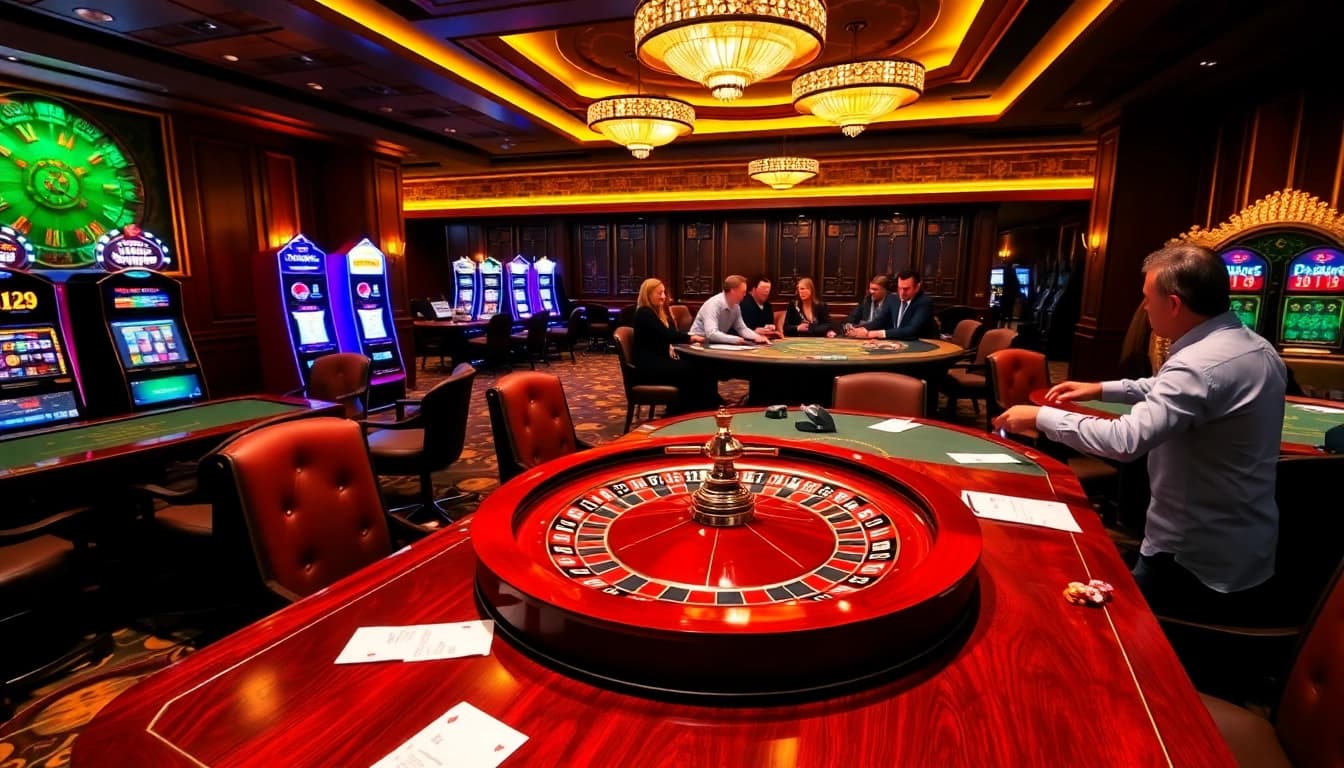 A vibrant scene from okfun casino showcasing excited players at poker tables and a spinning roulette wheel.