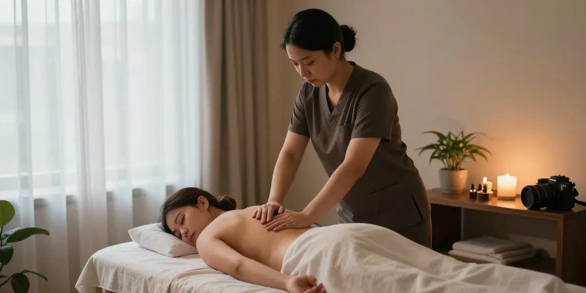 스웨디시 마사지 중인 전문가와 고객, 편안한 마사지 공간의 모습