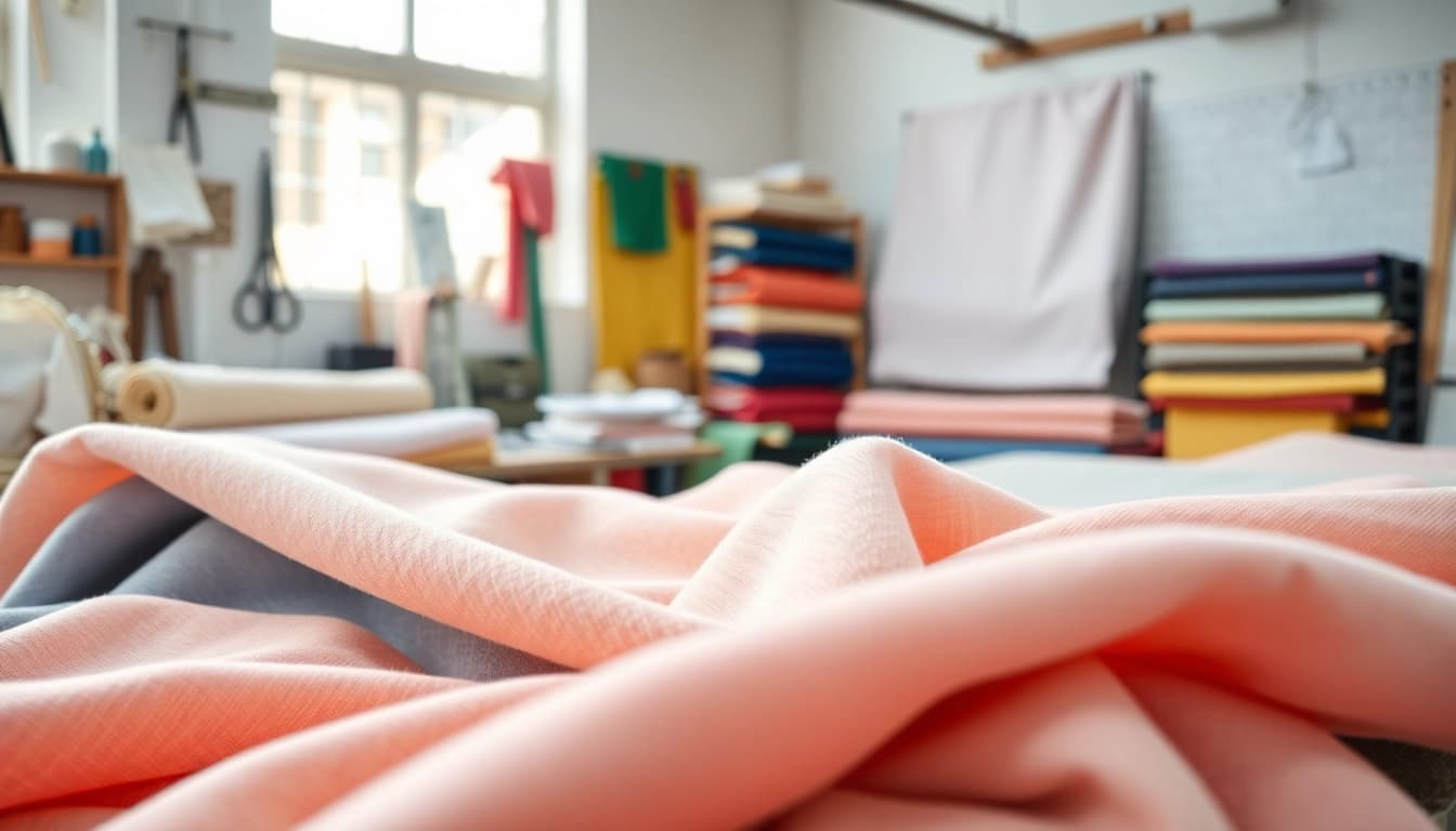 Katoen stof in diverse kleuren in een handwerkplaats met creatieve ambiance.