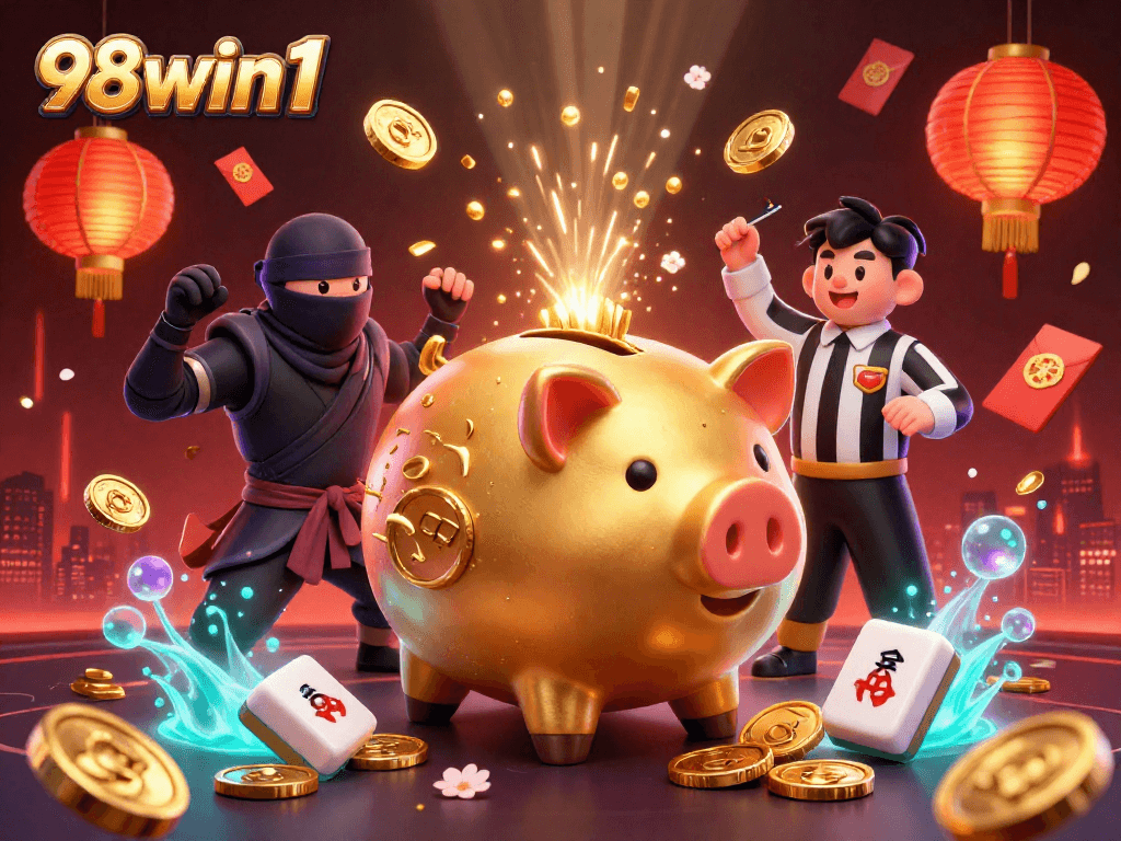 Engage in exciting betting strategies at 98win1 with vibrant characters surrounded by casino elements.