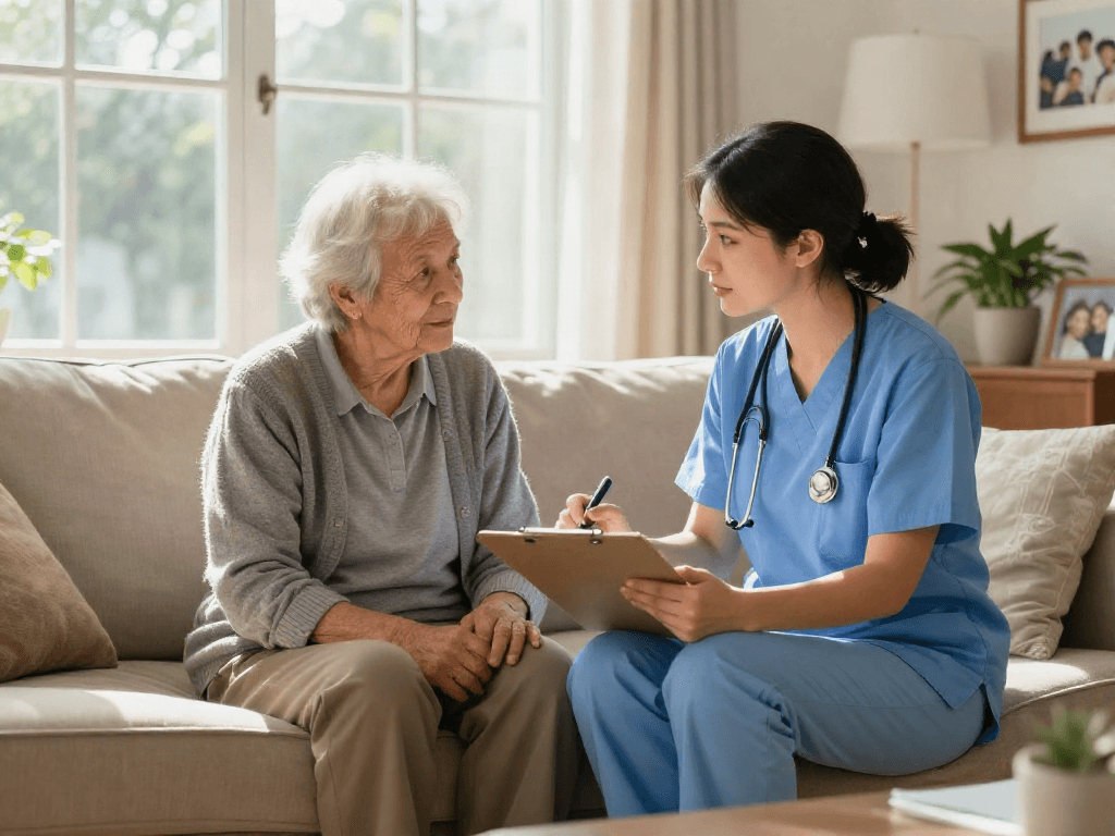 Compassionate caregiver discussing bonus new member benefits with senior client in a bright living room.