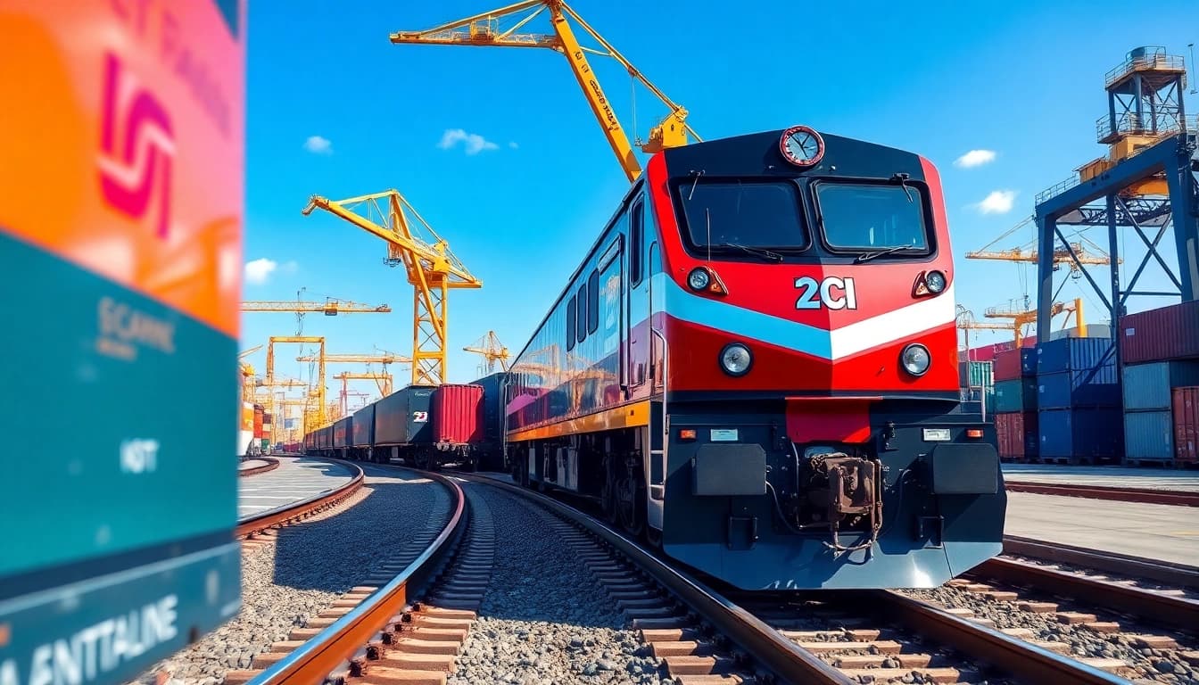 Showcasing railway company operations with a modern freight train in a busy logistics yard.