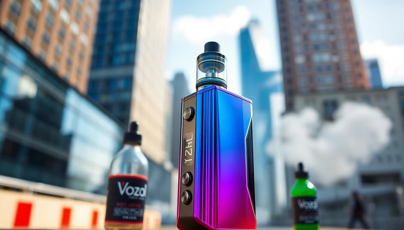 Vozol Vape Gerät in urbaner Umgebung, stilvolles Design und farbenfrohe Details