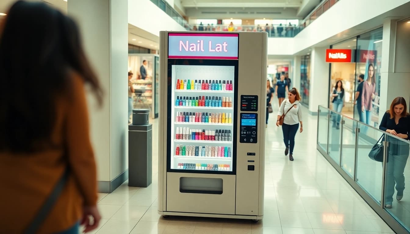Nail vending machine displaying colorful press-on nails in a busy mall, inviting beauty enthusiasts.