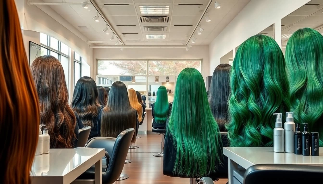 Hair salon showcasing vibrant hair lengths inspired by BOTOL169 color scheme.