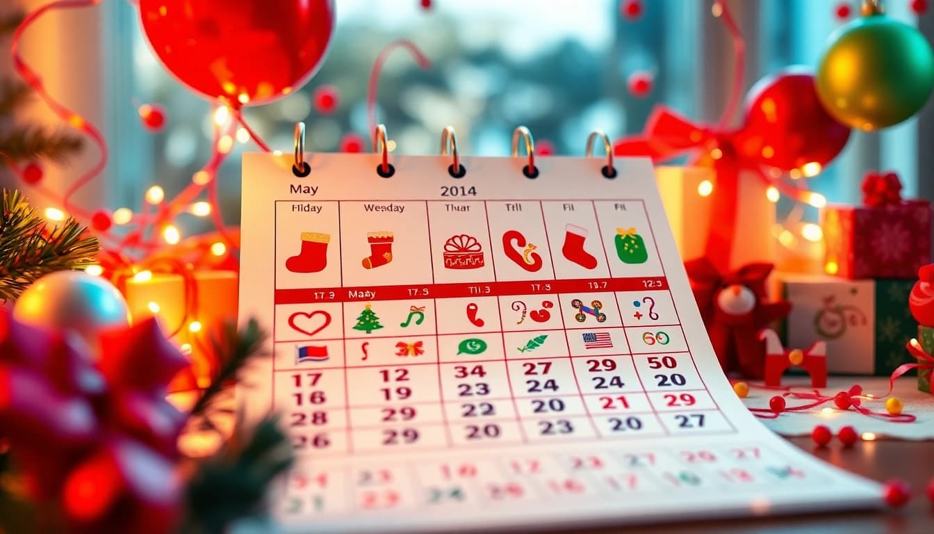 Vibrant calendar with holidays showcasing festive icons and celebrations throughout the year.