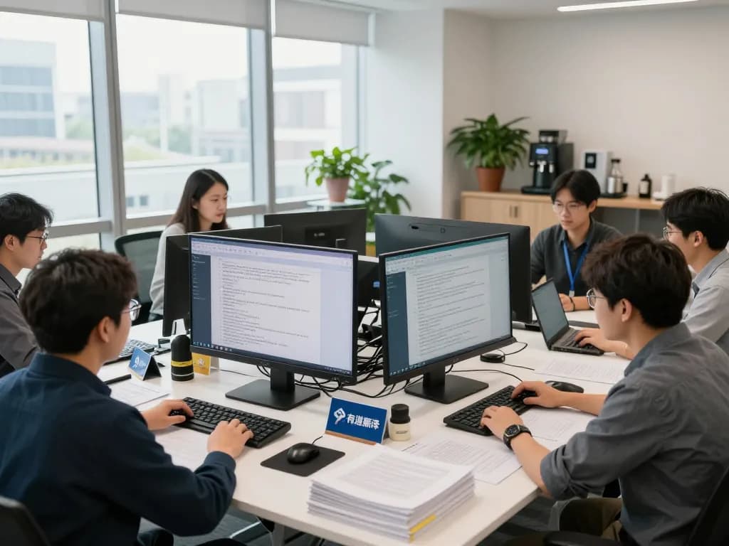 团队在翻译服务办公室协作，使用有道翻译工具，展示现代工作空间。