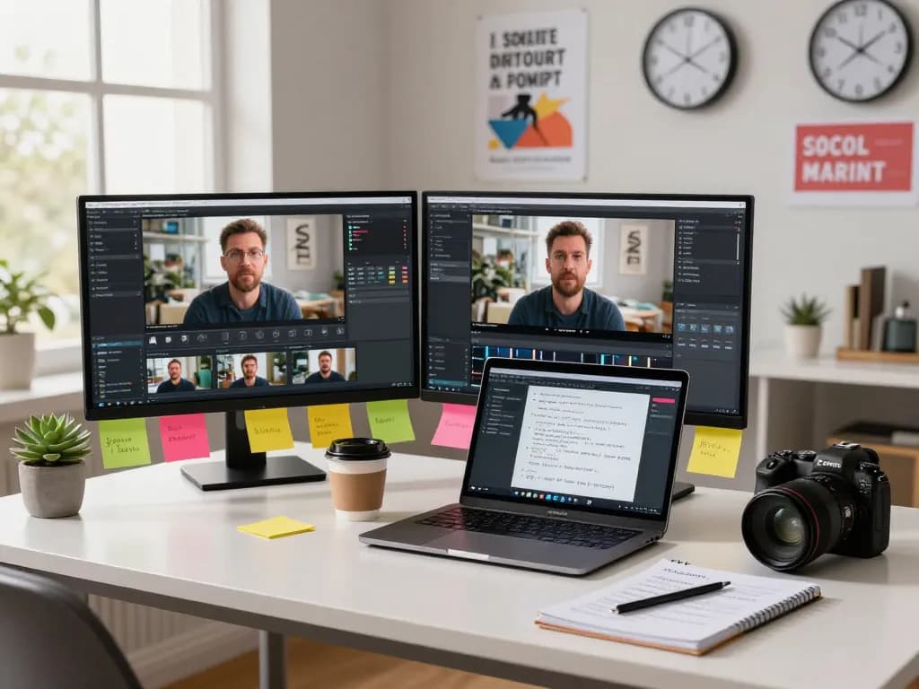 Creator using video to prompt technology in a modern workspace, analyzing video content for AI generation.