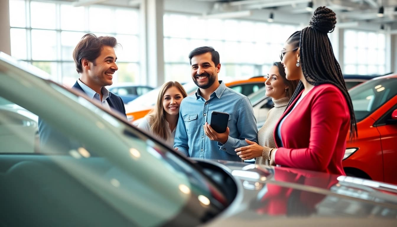 Buy a car experience illustrated with a family and sales representative interacting at a dealership.