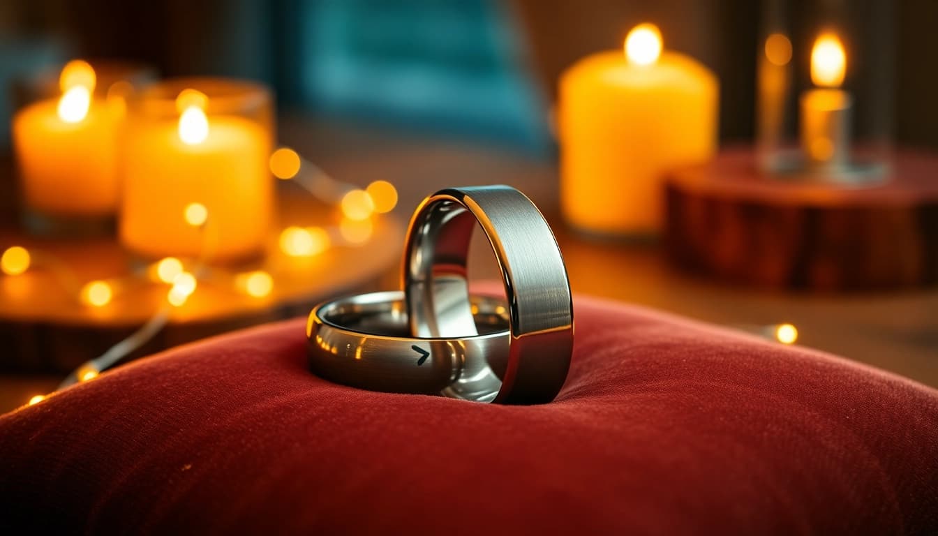 Showcasing stunning tungsten wedding bands on a soft cushion, emphasizing their elegance and design.