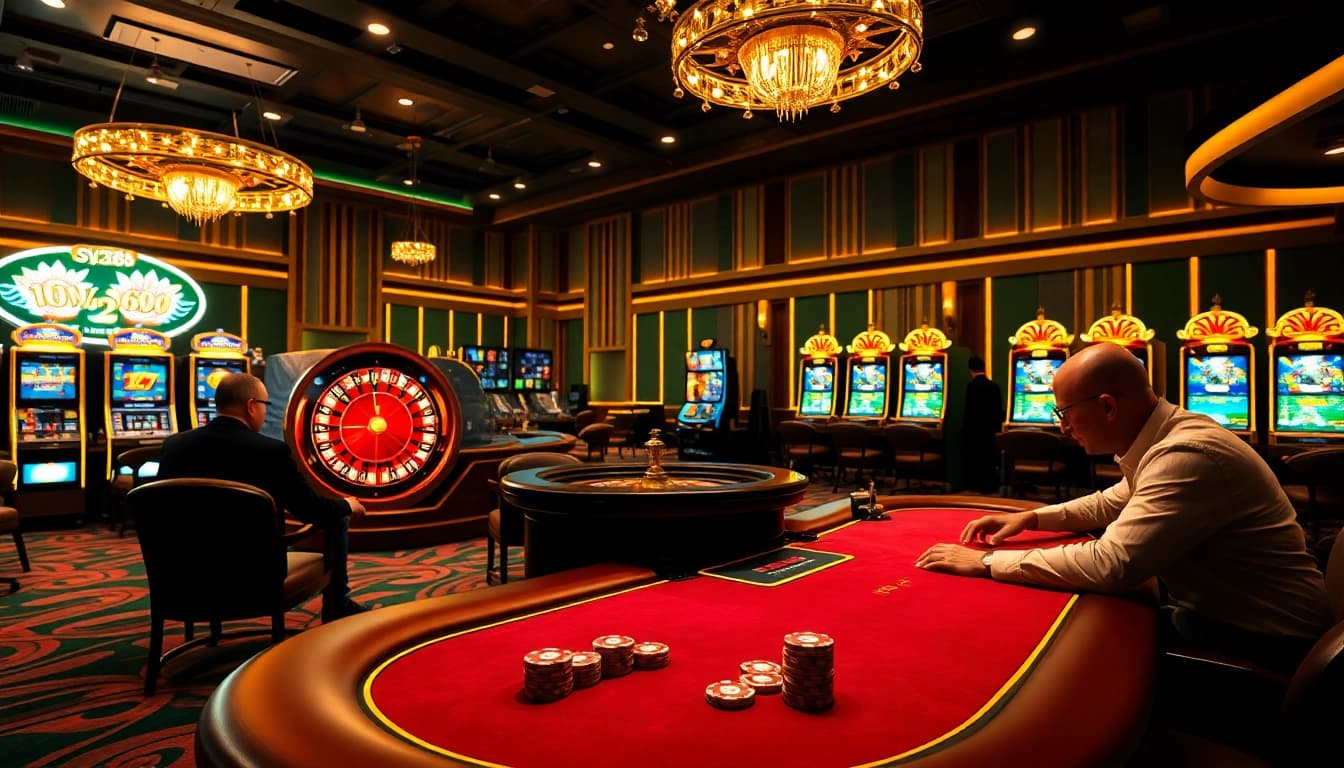 Experience an exciting poker game at SV388 Casino, showcasing vibrant casino elements and luxury.