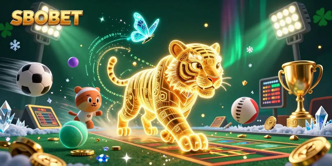 SBOBET enhances your gaming experience with vibrant sports betting elements and dynamic visuals in a captivating casino scene.