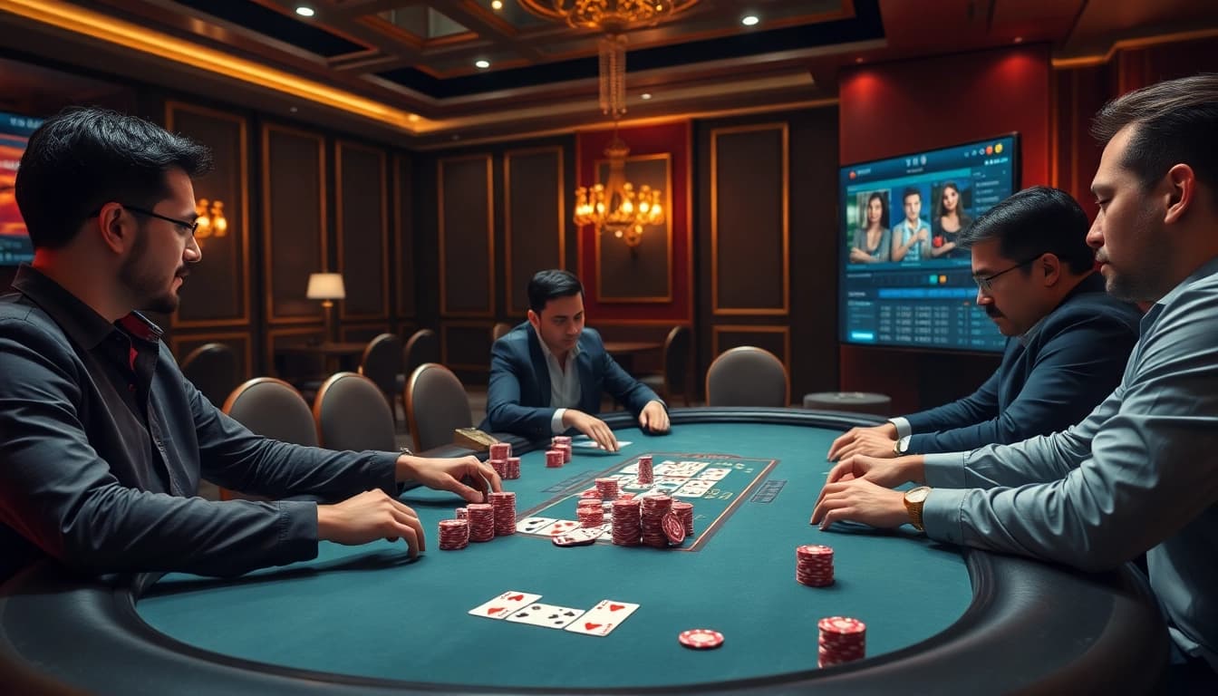 High-stakes poker action at a casino table, vibrant scene capturing the essence of https://f168.ing/ exciting gambling.