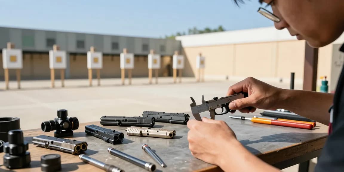 Precision crafting at precisionglockslides.com with expert gunsmith measuring Glock slide at an outdoor range