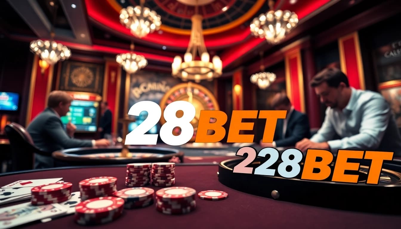 Engaged players at the 28BET poker table demonstrate winning strategies in a vibrant casino setting.