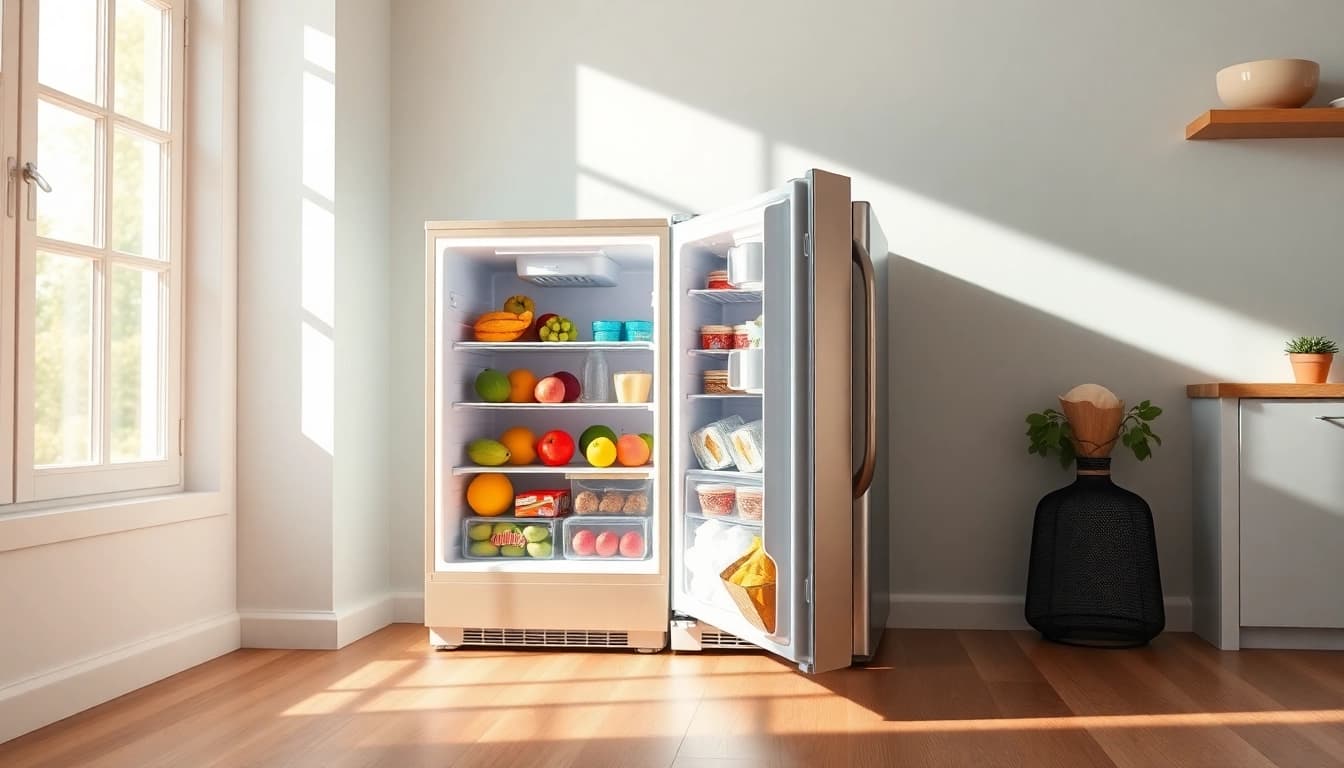 Showcase of an affordable mini fridge and freezer with vibrant contents in a modern kitchen