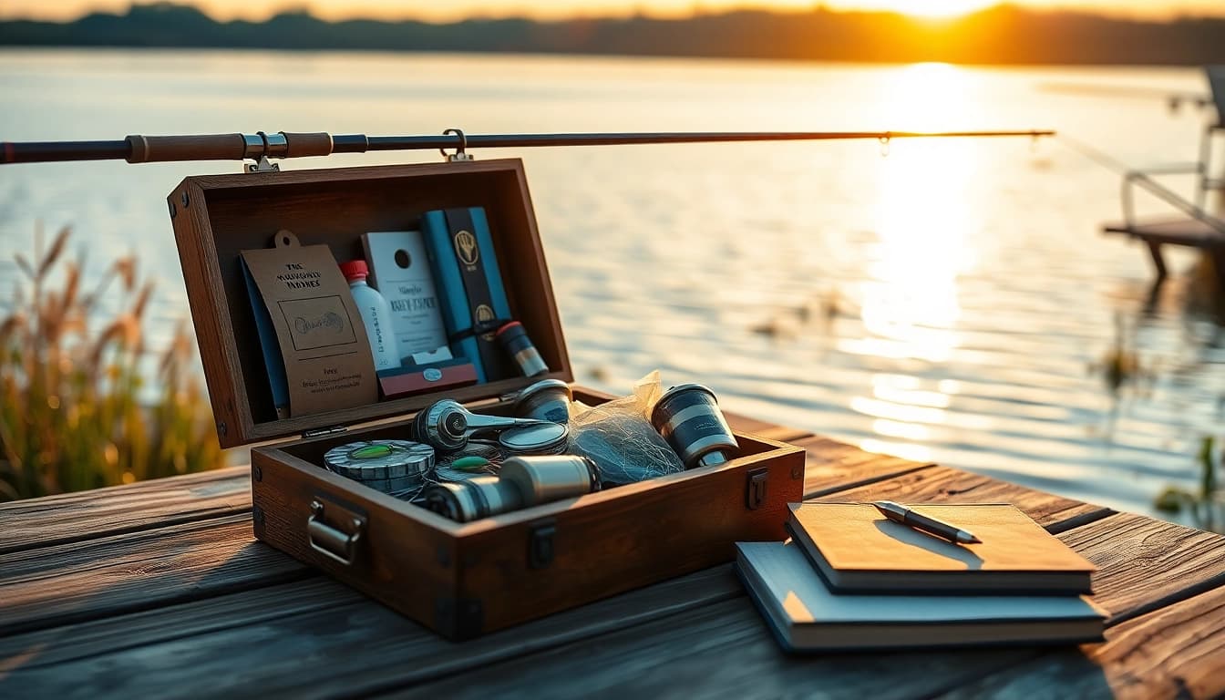 Engaging fishing gifts display on a rustic table by a serene lakeside during golden hour.