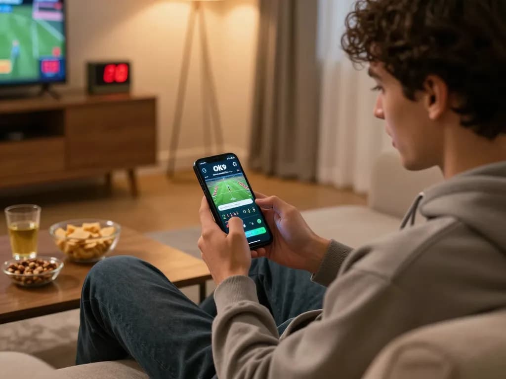 Engaged bettor using Ok9 sports app for live betting during a game.