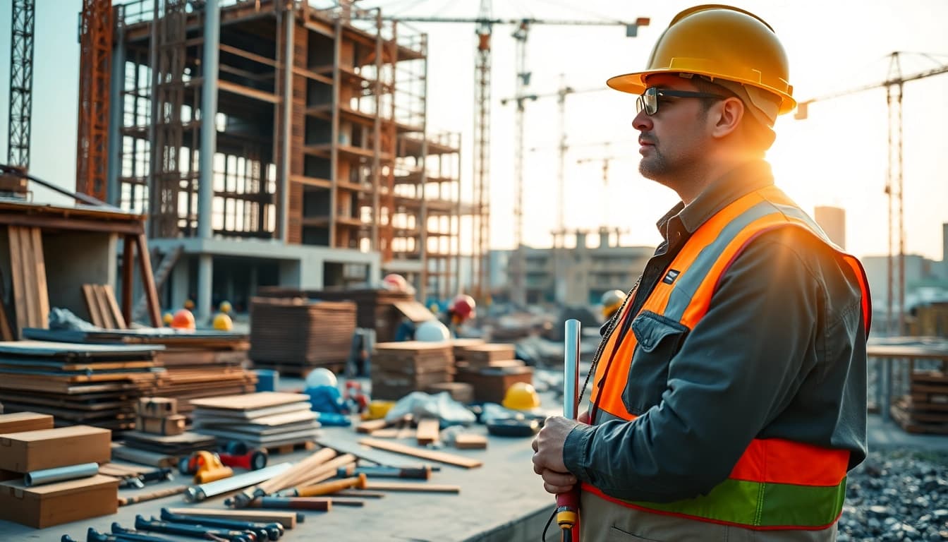 Showcasing construction quality management on-site with tools and a project manager ensuring safety.