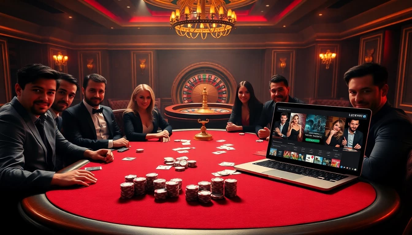 Luckywin players enjoying a thrilling poker game at a luxurious casino.