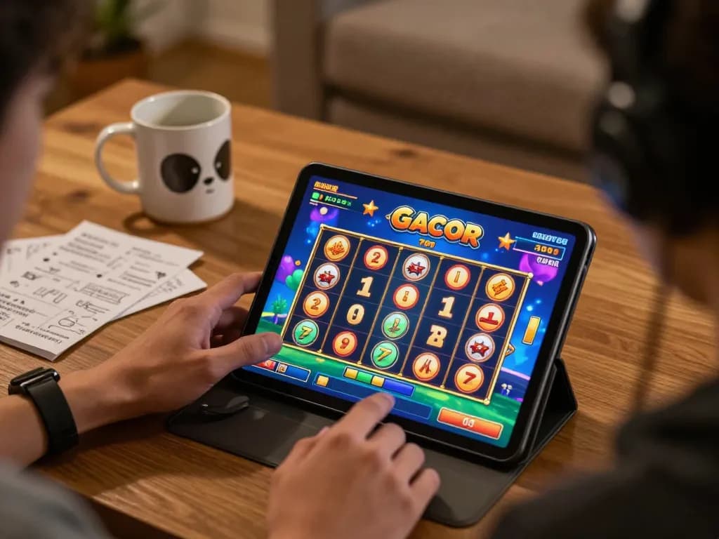 Engaging experience with slot gacor game on tablet in cozy home setting, highlighting strategic gaming.