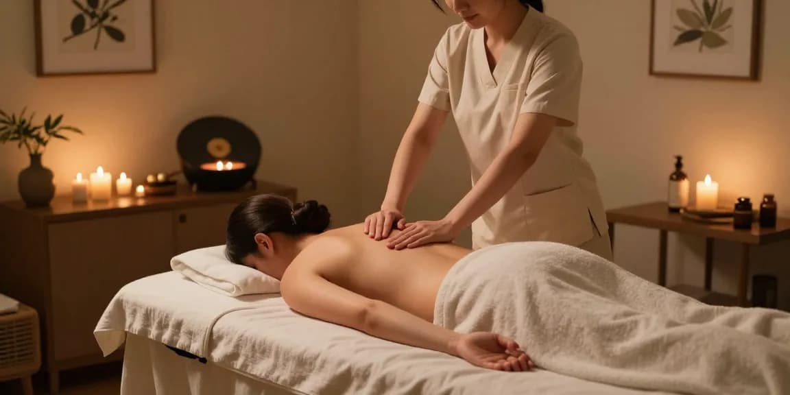 마사지 치료실에서 아로마 오일로 편안하게 마사지 받는 모습
