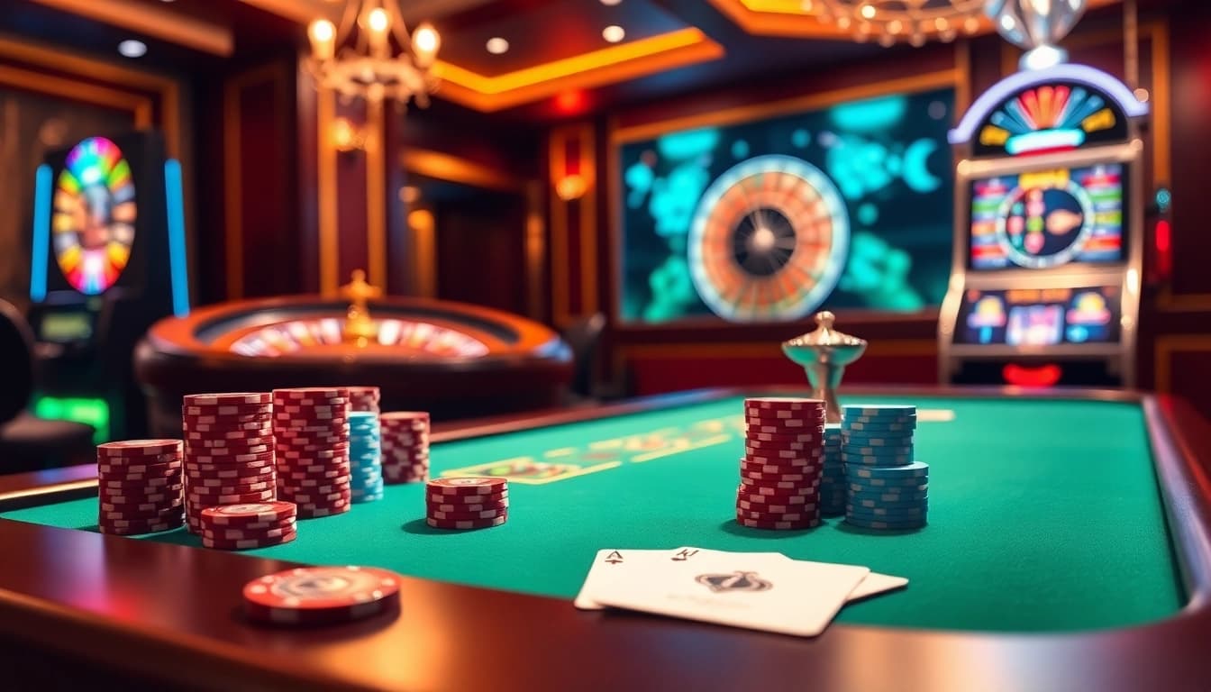 Experience thrilling games at thabet.com with elegant poker setups and vibrant roulette wheels.