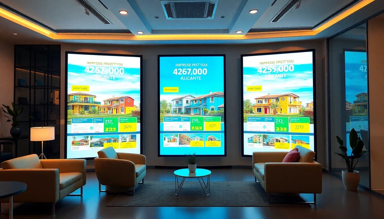 Carteles inmobiliarios en Alicante exhibidos de forma atractiva con letreros LED vibrantes.