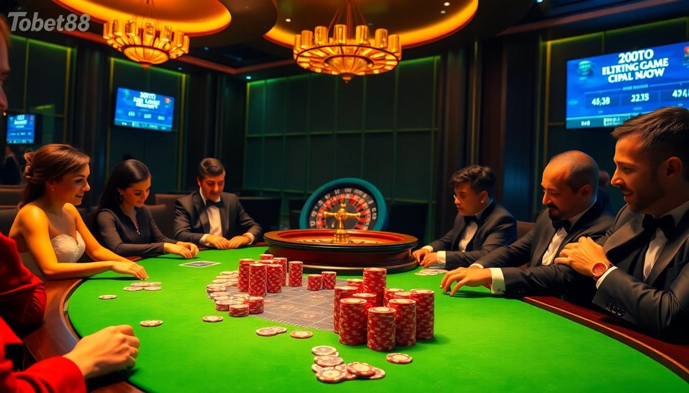 Tobet88 gaming scene featuring intense poker gameplay with luxurious chips and cards