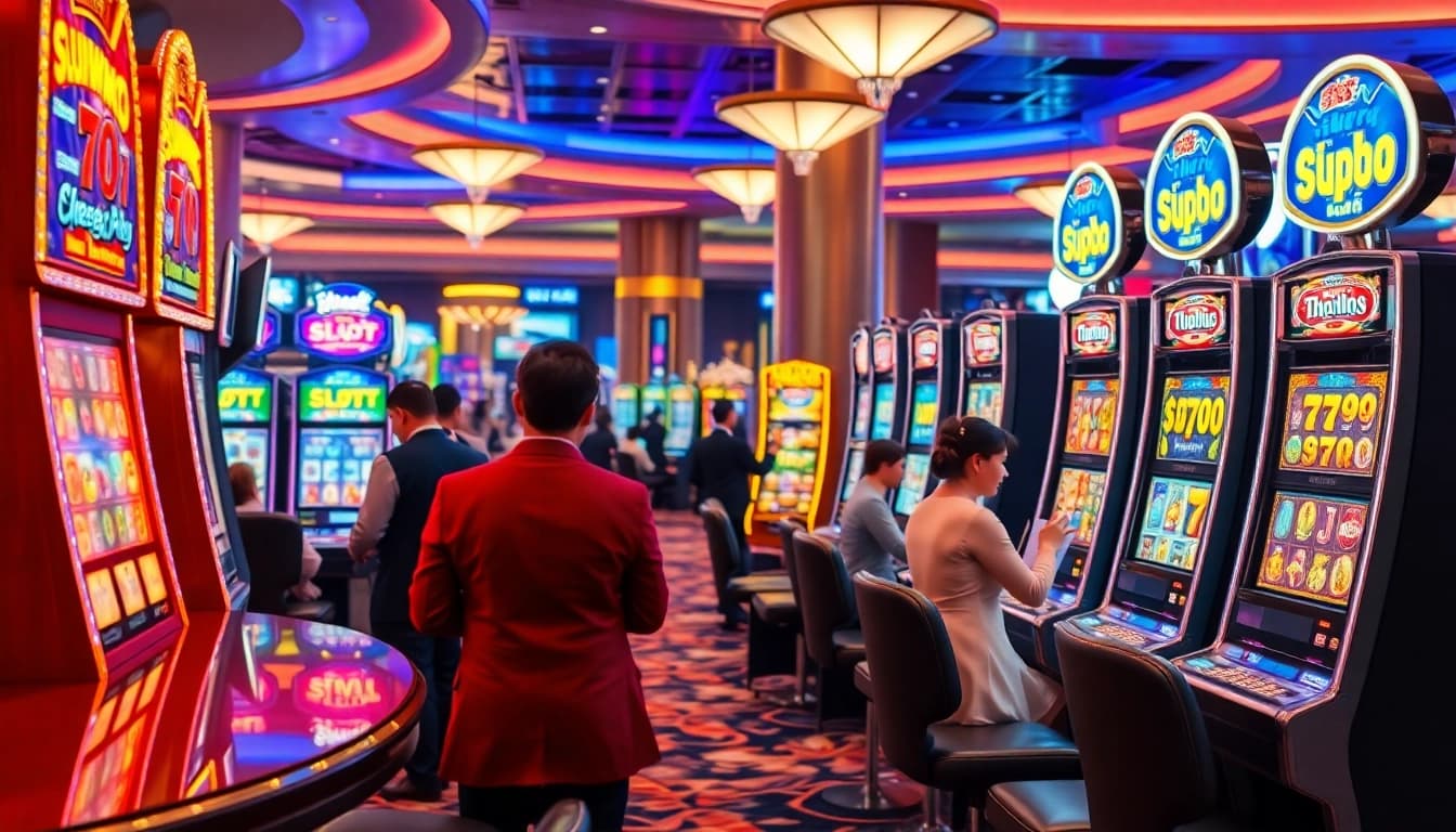 Permainan yang mendebarkan pada mesin slot Thailand, menampilkan warna-warna cerah dan pemain yang terlibat.