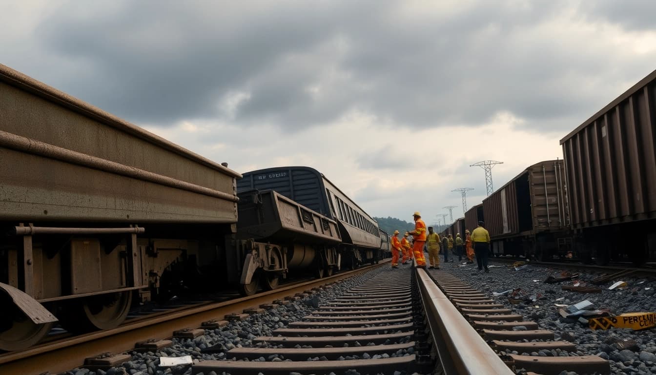 Train derailment scene illustrating emergency response with detailed derailed train cars.