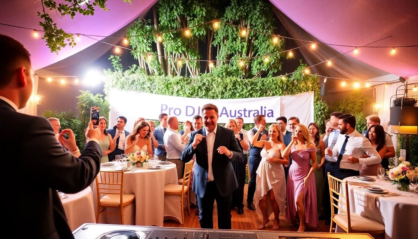 Exciting wedding DJ Sydney atmosphere with guests dancing and professional setup.