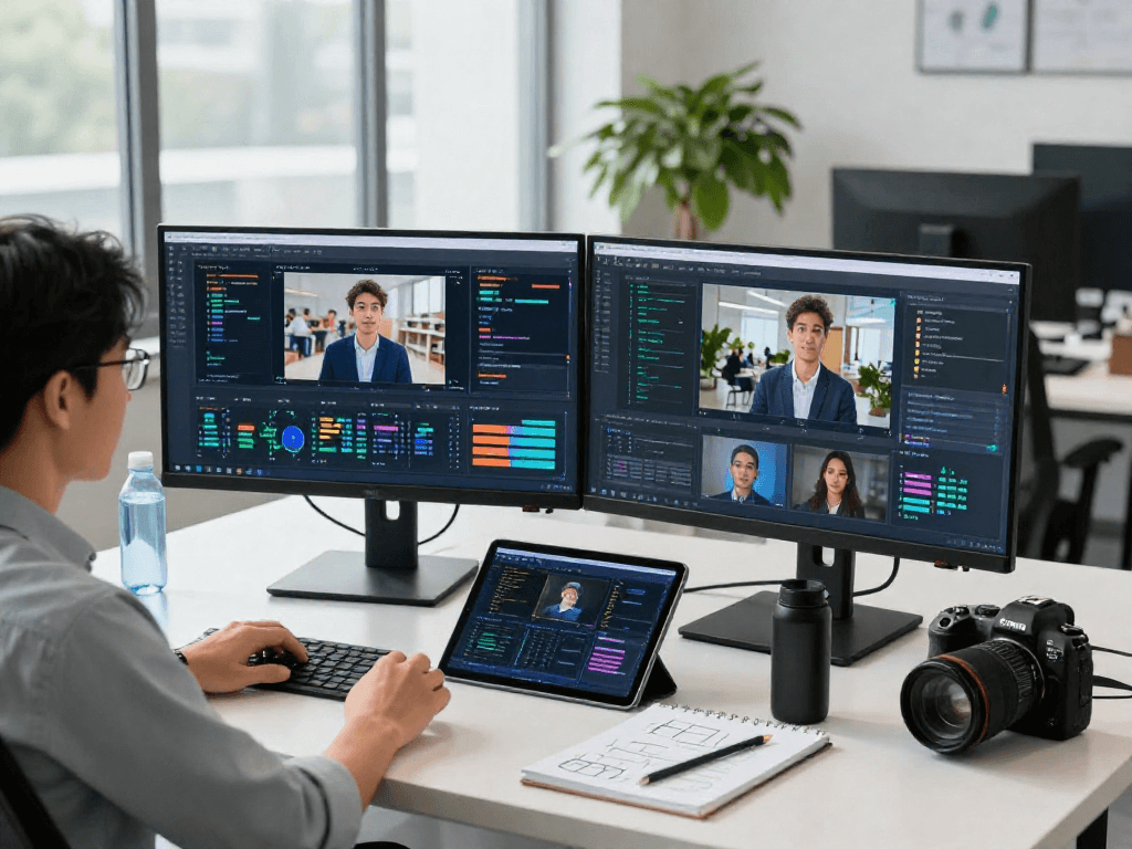 Detect AI image in a high-tech workspace where an AI specialist analyzes flagged content on dual monitors.