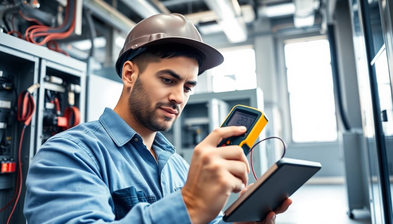 Electricians conducting commercial electrical maintenance with precision in an industrial space.