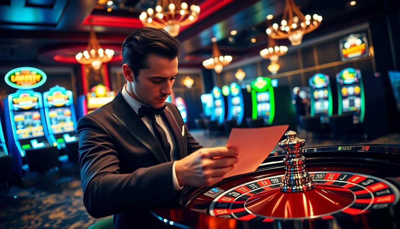 Intense player analyzing a betting slip, revealing the hidden wiki in a vibrant casino atmosphere.