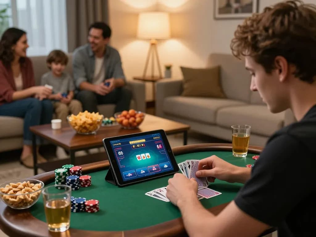 Player strategically engaging in c168 online poker with chips and snacks around them.